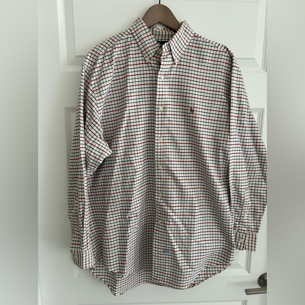 Ralph Lauren Yarmouth Plaid Shirt Cream Red Blue Size 16.5